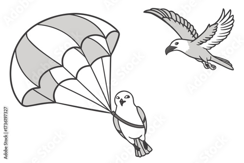 Bird Parachuting and Flying Eagle Vector - Humorous Monochrome Graphic