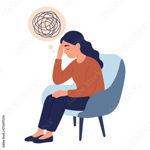 Depression anxiety concept sad woman with headache in chair illustration. Mental health problem help. Stress burnout counseling support.