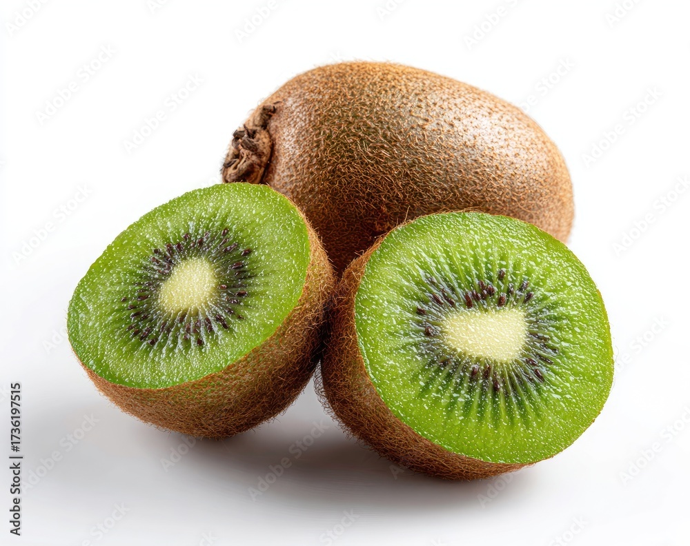 Obraz premium Two whole and two halves of kiwi fruit, arranged on a white surface. The kiwifruit are a vibrant green inside, with a light brown skin, and a visible seed center