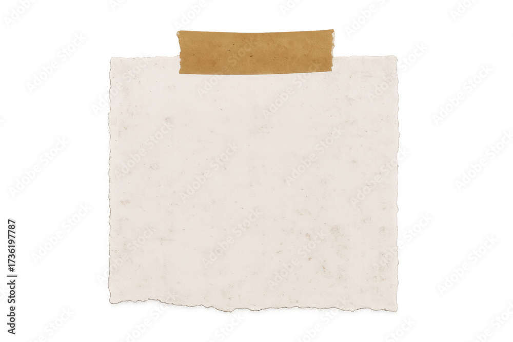 Fototapeta premium Vintage torn paper blank note attached with brown tape, empty textured sheet, transparent background