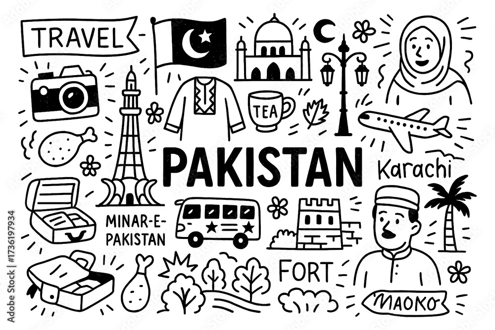 Fototapeta premium travel doodle composition with pakistan culture icons and traditional holiday elements, Transparent Background