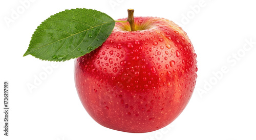 Canvas Print Isolated red apple with leaf and water droplets close up, vibrant fresh fruit, d