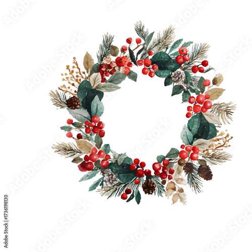 Illustrierter Blumenkranz, Wasserfarbe, Aquarell, Weihnachtliches Motiv, Verlustfrei skalierbar, Vektor Grafik