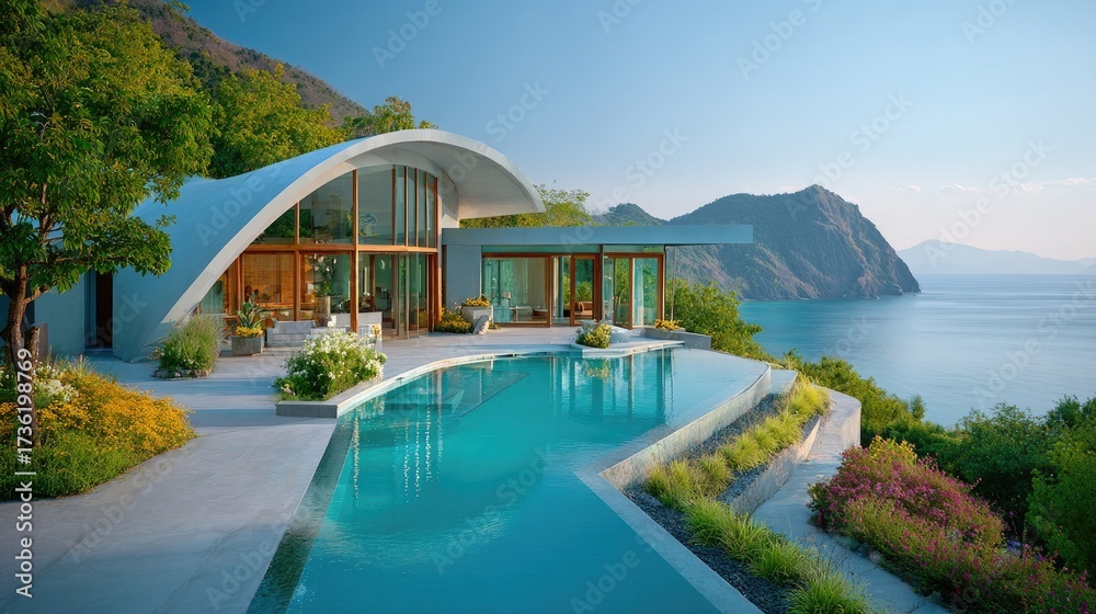 Fototapeta premium A futuristic dome-shaped villa with panoramic glass walls, solar-powered lighting, and a rooftop garden with ocean views