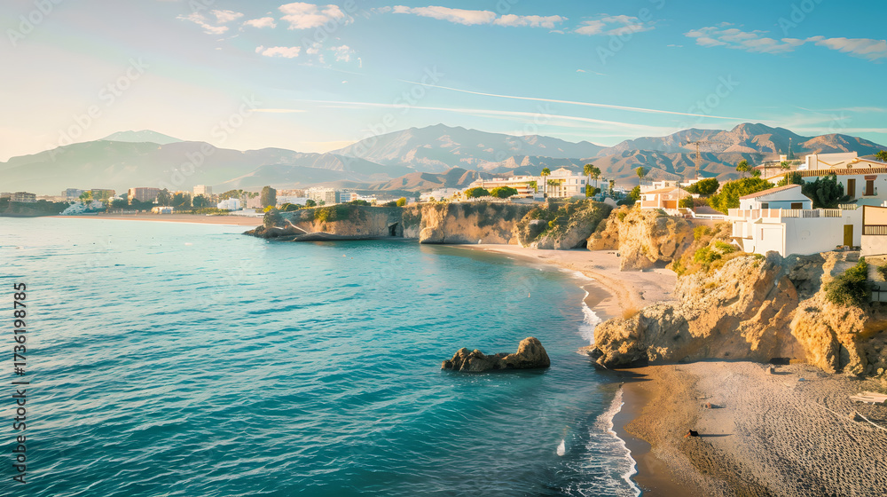 Fototapeta premium The Scenic View of Málaga Beach in Spain: Clear Sea Water Transitioning Naturally with Sandy Shores, Traditional White-Walled Buildings Scattered on Cliffs, Sharp Mountain Outlines in the Background, 