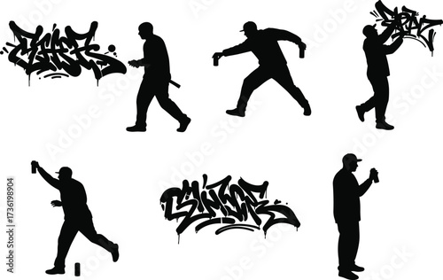 Silhouette graffiti artist with spray can, urban street art design, hip hop culture, creative wall tagging, modern city mural illustration