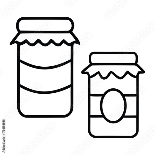 Two outline jars with wavy lids and label bands on white background, jars, outline, icon, food, preservation, canning, vector illustration. 