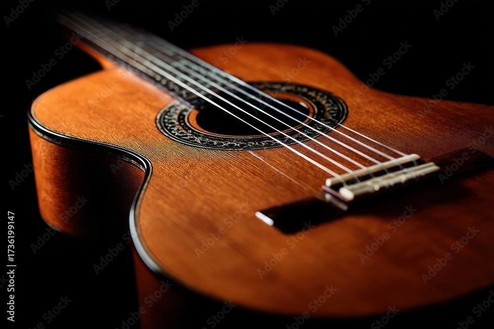 Fototapeta premium Detailed Close-up of Acoustic Guitar on Black Background
