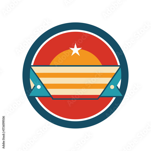 Retro badge with surfboard and star motif Keywords: badge, emblem, retro, vintage, surfboard
