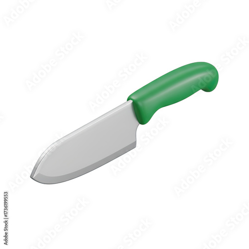 A sharp, modern 3D rendered kitchen knife featuring a vibrant green ergonomic handle, perfectly isolated on a clean white background, ready for culinary tasks.