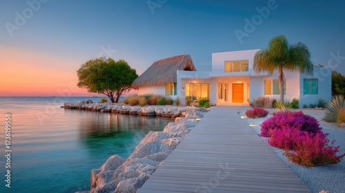 A tropical modern villa with thatched roof elements, open breezeways, and a private wooden dock stretching into calm turquoise waters