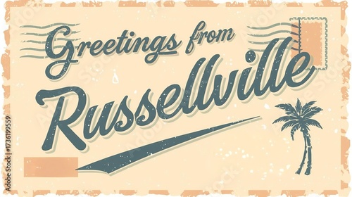 Vintage Greetings from Russellville Postcard with Faded Texture and Surreal Stampwork