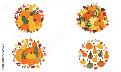 Autumn Bounty Circle Compositions A Festive Fall Harvest Featuring Pumpkins Gourds Leaves and Acorns Arranged in a Circular Design