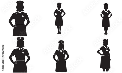 Silhouette Illustrations of Nurses in Uniform Depicting Healthcare Professionals and Medical Staff in Varied Poses Standing Confidently