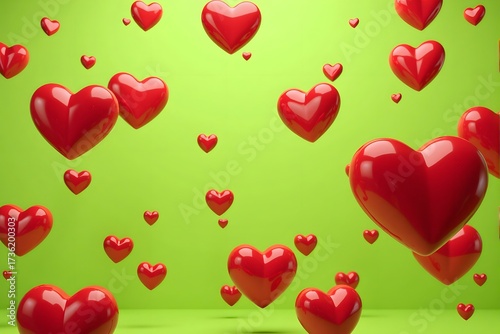 Bright red hearts floating in a green background.