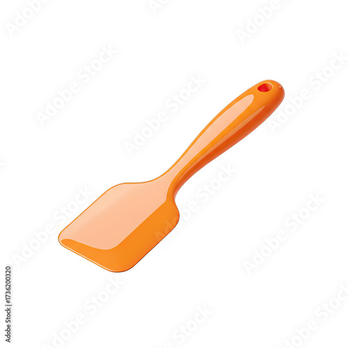 A vibrant orange silicone spatula, an essential modern kitchen utensil, stands isolated on a pristine white background, perfect for various culinary tasks.