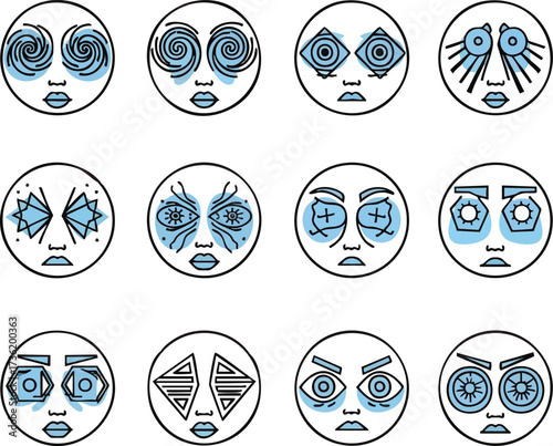 Twelve stylized faces with different geometric patterns and shapes replacing the eyes, set against a white background.