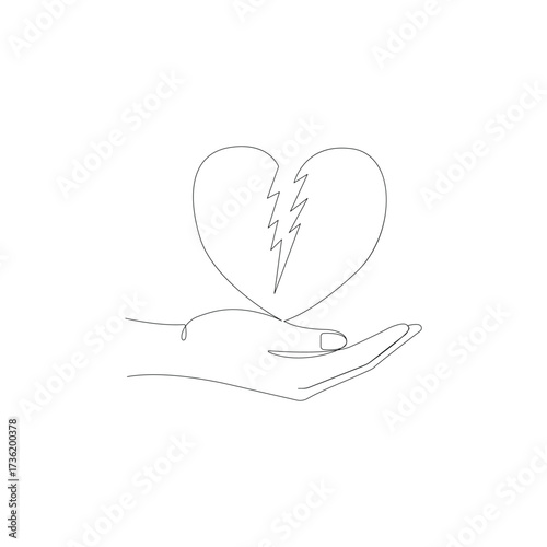 Hand holding broken heart one line drawing isolated on a white background