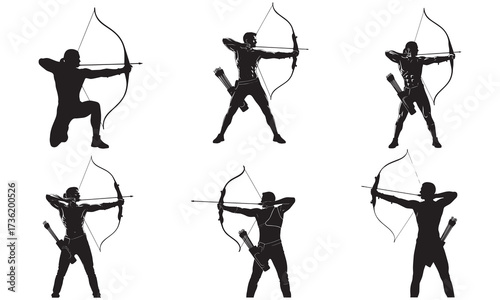 Silhouetted Archers in Dynamic Poses Demonstrating Skill and Precision with Bows and Arrows Creating a Striking Visual