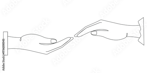 Two hands reaching towards each other line art isolated on a white background