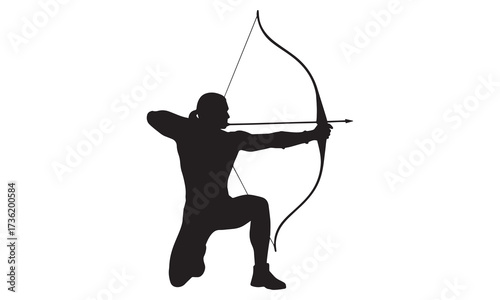 Silhouette of Kneeling Archer with Drawn Bow and Arrow Demonstrating Precision and Focus in a Timeless Display of Skill