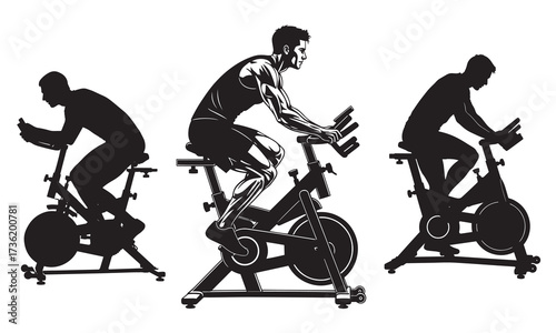 Dynamic Indoor Cycling Class Silhouettes Showcasing Fitness and Determination in Black and White Vector Style Illustration