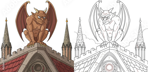  Detailed Cartoon Gargoyle on Gothic Castle Roof with Spires