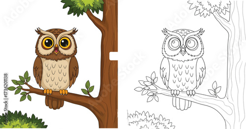  Cute Cartoon Owl on a Tree Branch