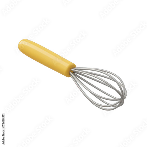 A classic kitchen whisk featuring a vibrant yellow handle and shiny silver wires, perfect for baking, cooking, and preparing delicious culinary creations.