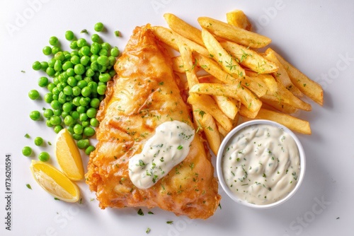 Crispy fried fish, golden fries, and peas, with a side of creamy sauce