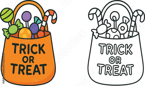 Trick or Treat Bag Full of Candy Coloring Page for Halloween Celebrations