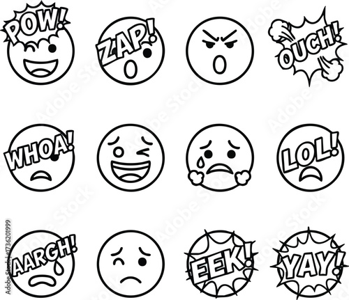 A grid of twelve black and white line art emoticons expressing diverse human emotions with comic book style exclamations.