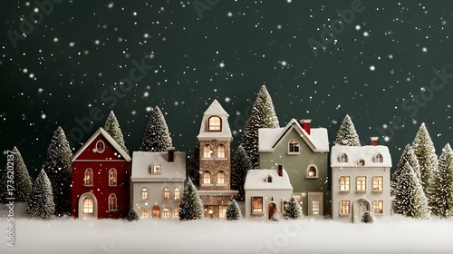 Christmas background with houses, trees, and snowflakes. Christmas miniature village with houses and trees in the snow. 