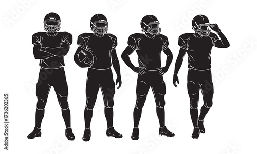 American Football Team Players Silhouette Illustration Representing Teamwork and Sportsmanship for Designs Related to Sports and Athletics or Game Day Celebrations