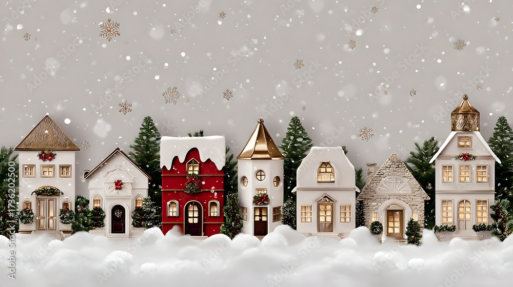 Fototapeta premium Christmas background with houses, trees, and snowflakes. Christmas miniature village with houses and trees in the snow. 