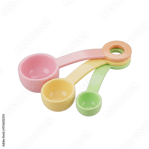 Three colorful pastel plastic measuring spoons, pink, yellow, green, neatly stacked and isolated on a white background for precise kitchen and baking tasks.