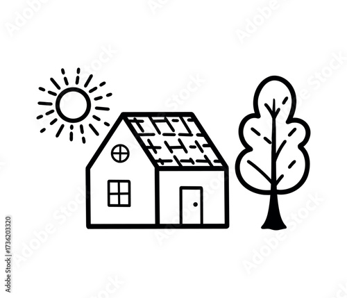An icon of a house, trees, and the sun. A hand-drawn illustration of a house with a tree and the sun on a white background.