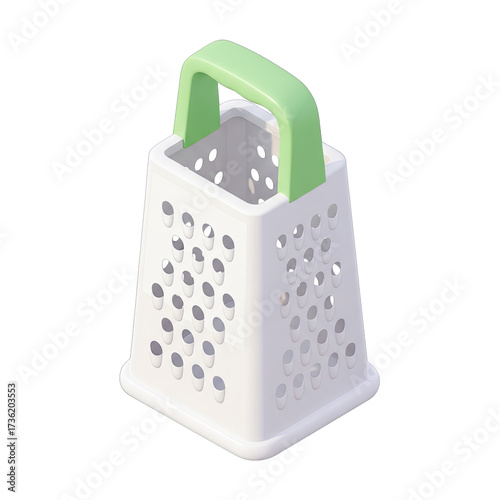 A modern, white kitchen grater with a vibrant green handle stands upright, ready for culinary tasks, presented as a clean 3D render on a pure white background.