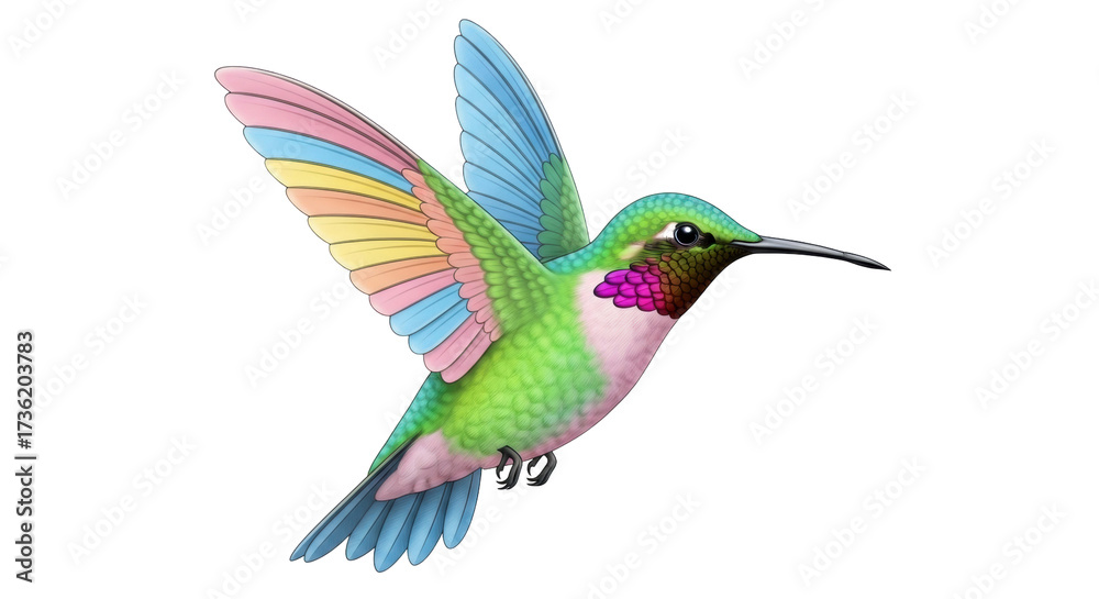 Obraz premium Isolated hummingbird with colorful wings mid-flight ready to drink from a flower for nectar