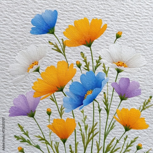 Vibrant Wildflowers in Bloom with Blue, Yellow, and Purple Petals Against Textured White Background