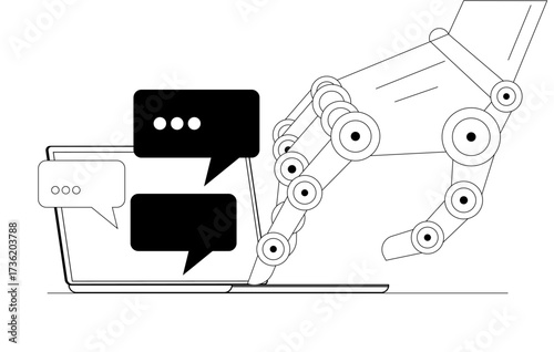 A robotic arm enters data from a keyboard into a computer and receives a response. Conceptual illustration of communication with artificial intelligence.