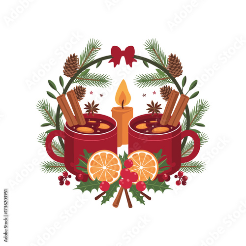 Christmas Hot Drinks with Candle, Cinnamon, and Festive Decorations