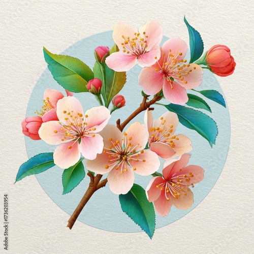 Beautiful Cherry Blossoms with Soft Pink Petals and Green Leaves on Light Background