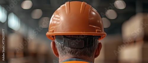Back view of worker wearing protective helmet in warehouse, symbolizing safety, construction, and industrial workplace environment.