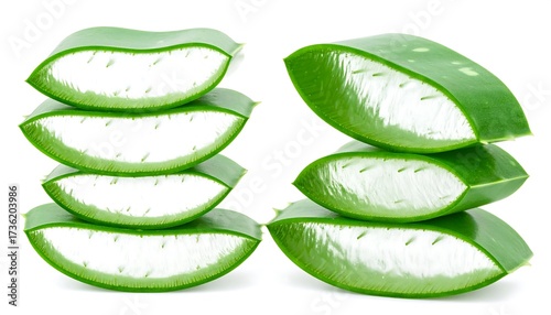Stacked aloe vera slices against white background