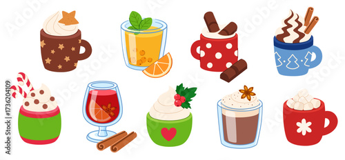 Winter Christmas hot drinks set. Cartoon mugs and glasses with cocoa, coffee, tea, mulled wine, whipped cream, marshmallows, and spices. Cozy, warm seasonal drinks for cards and holiday decor.