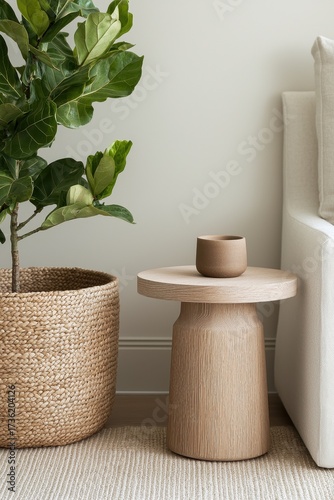 Minimal modern home decor with wooden table, ceramic cup, and green plant in woven basket, symbolizing simplicity, nature, and cozy living.