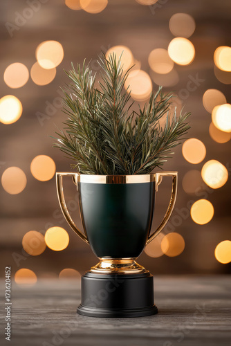 Golden trophy cup with pine branch decoration and festive bokeh lights, symbolizing celebration, victory, Christmas holiday, achievement, and festive success concept.