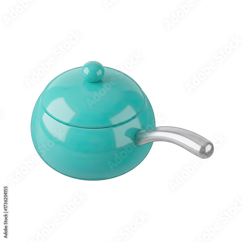 A vibrant turquoise miniature pot with a sleek silver handle and matching lid, isolated on a white background, ideal for cooking or decorative design.