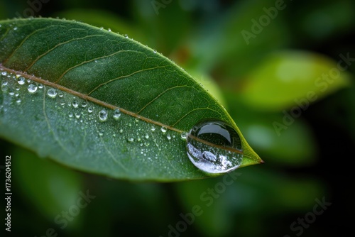 Magnified water droplet on vibrant green leaf texture, early morning dew